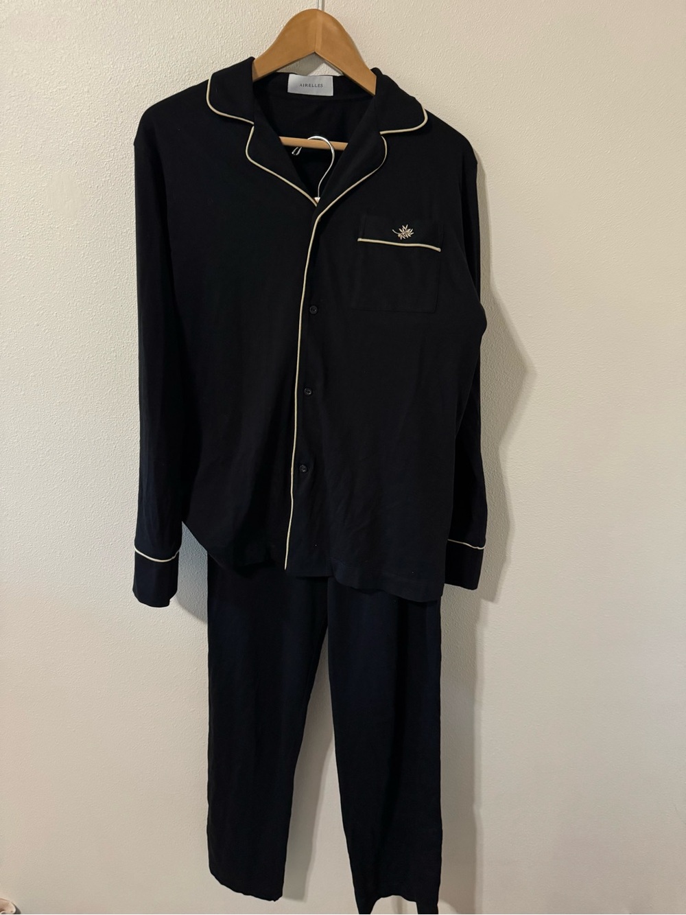 Airelles Cotton Long Pajama Set Black Gold Embroidered Piping Luxury Pyjama-M